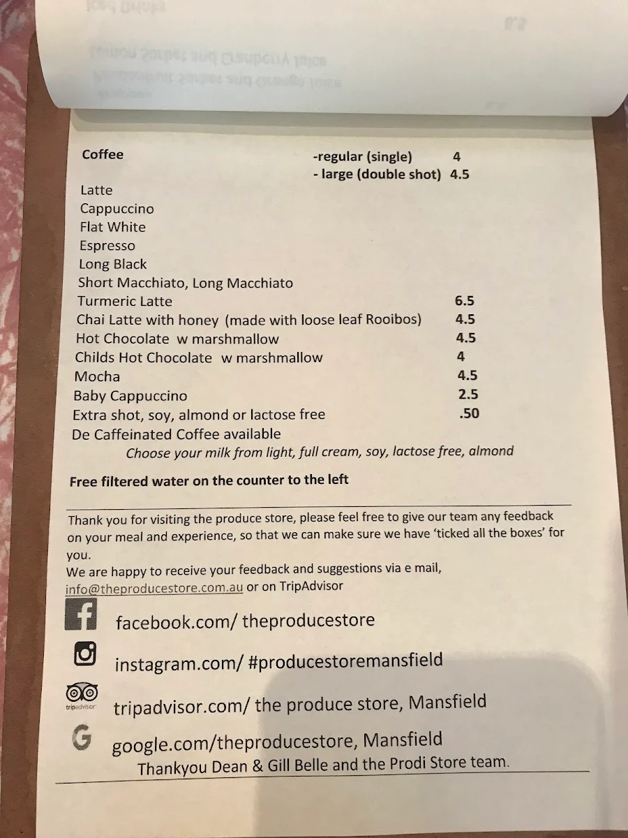 Menu, Mansfield Regional Produce Store