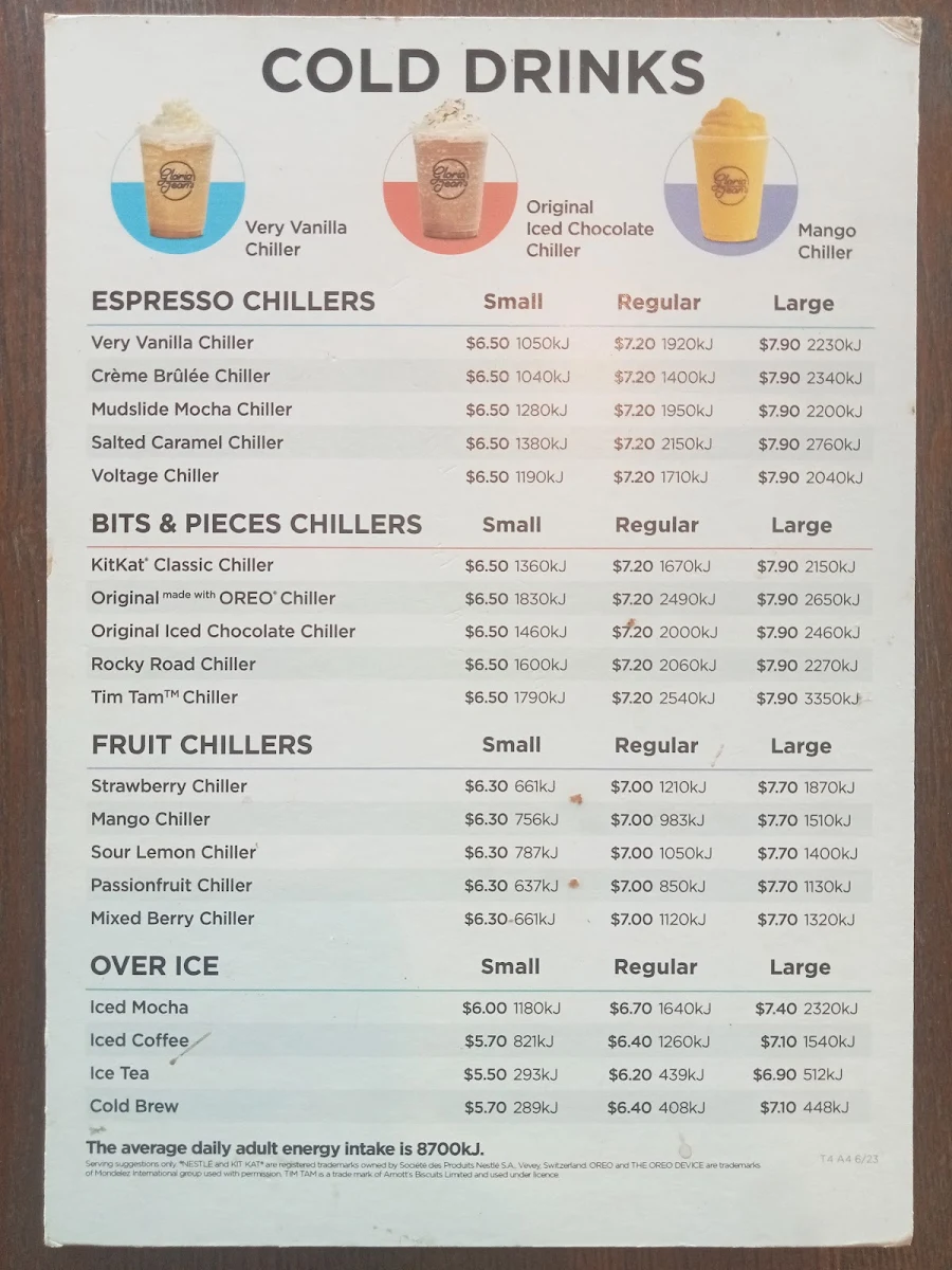 Menu, Gloria Jean's Gympie