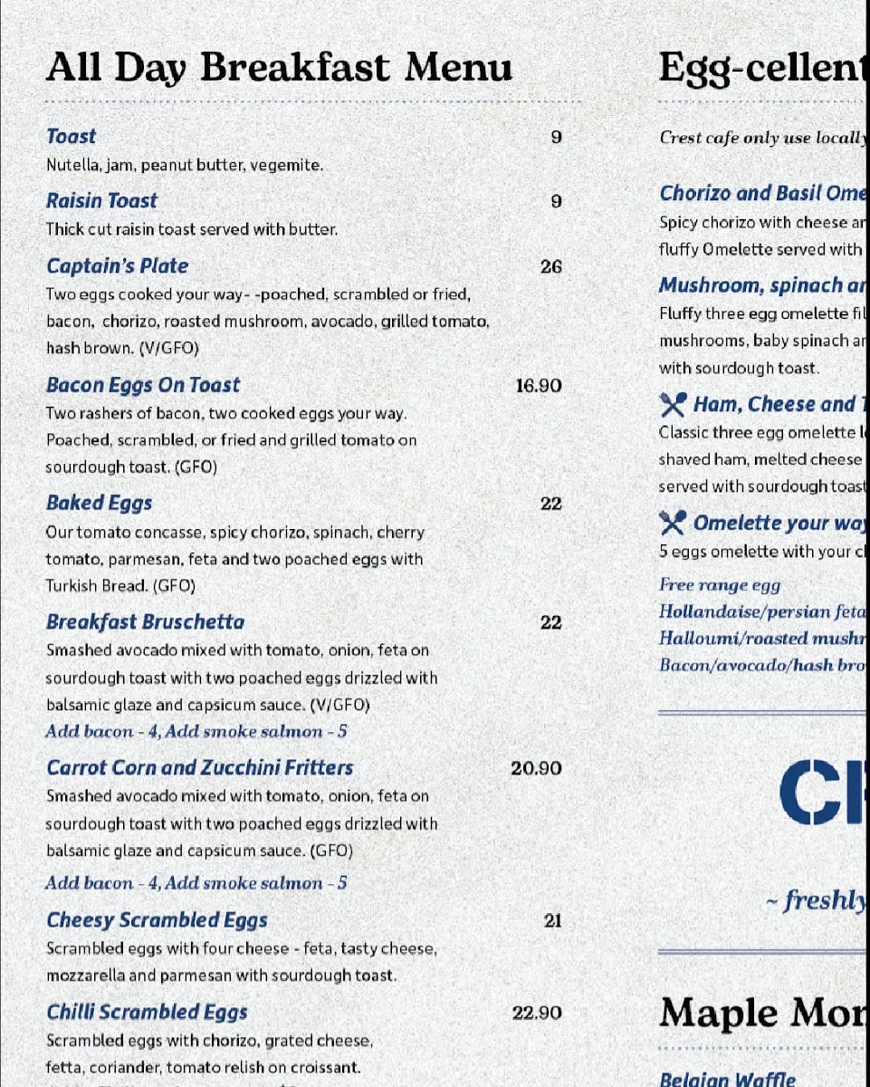 Menu, Crest Café