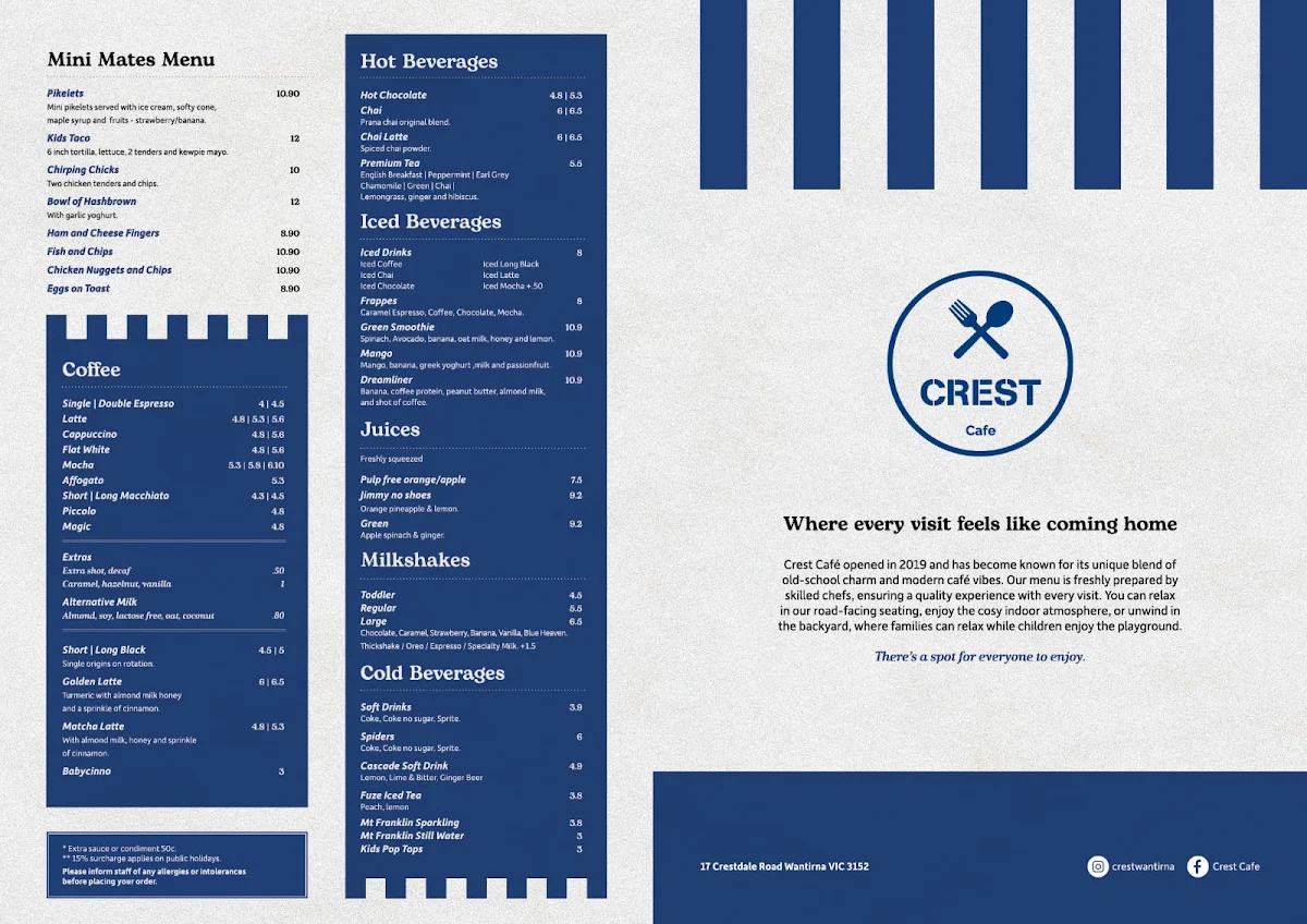 Menu, Crest Café