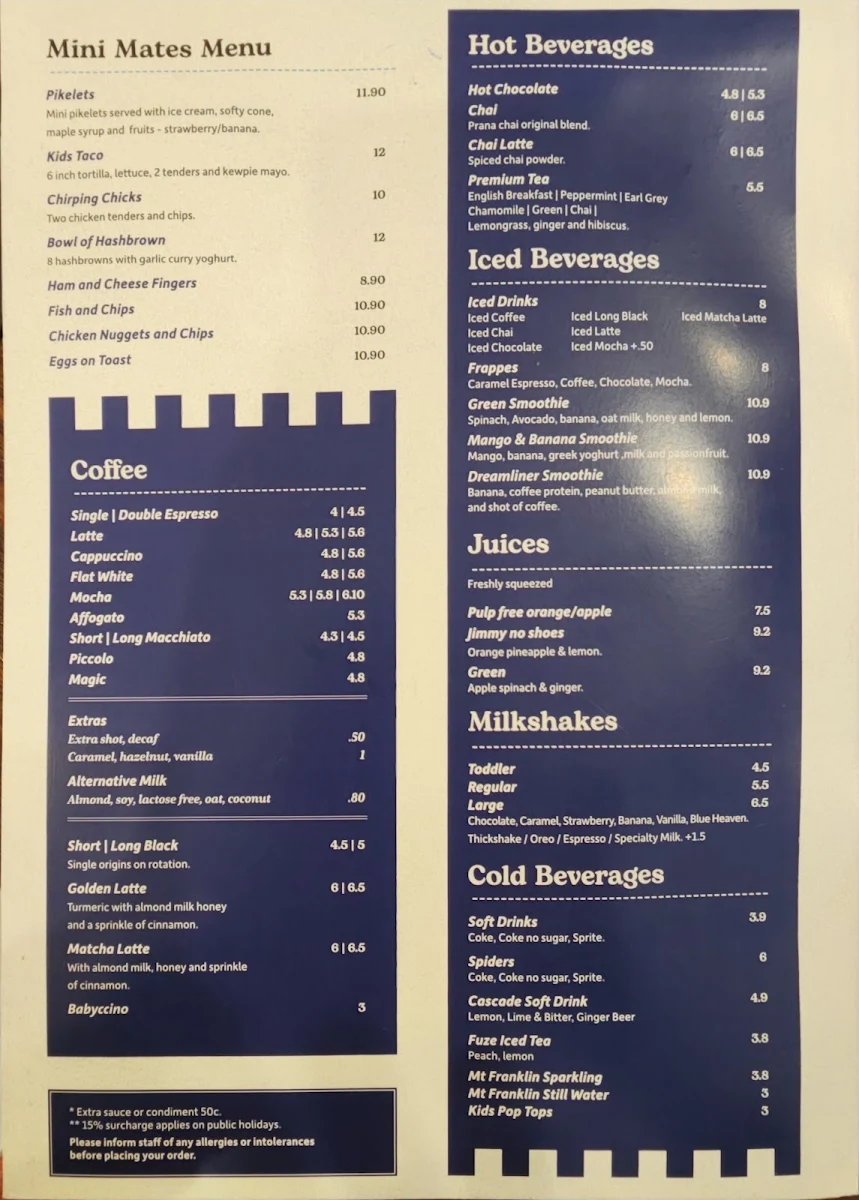 Menu, Crest Café