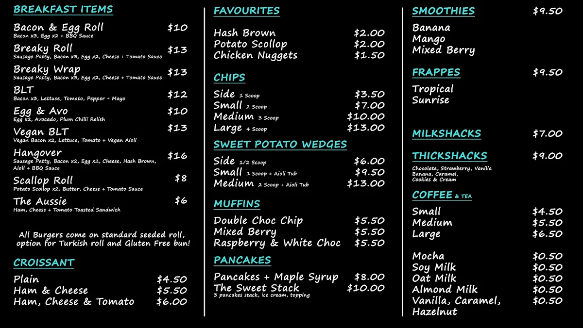 Menu, The Shack 2428