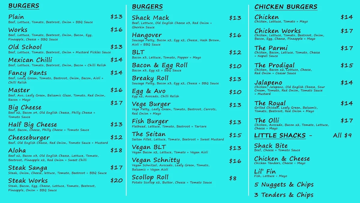 Menu, The Shack 2428