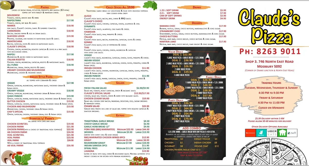 Menu, Claude's Pizza