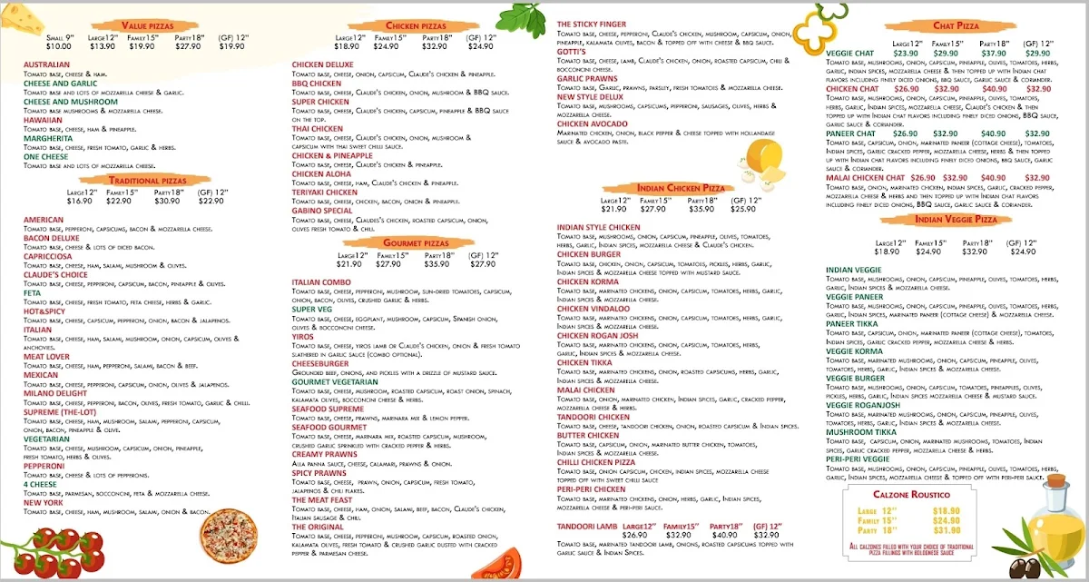 Menu, Claude's Pizza