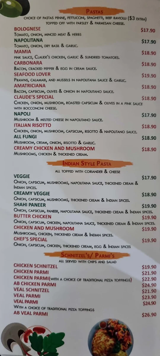 Menu, Claude's Pizza