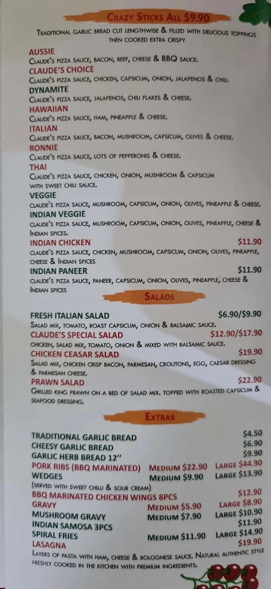 Menu, Claude's Pizza