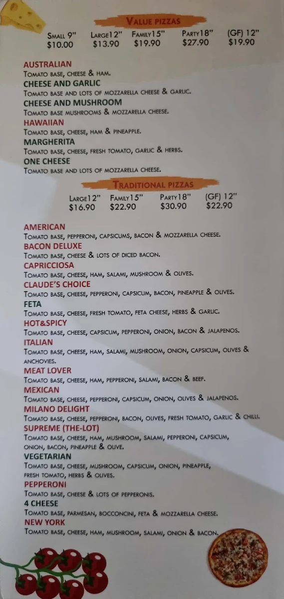 Menu, Claude's Pizza