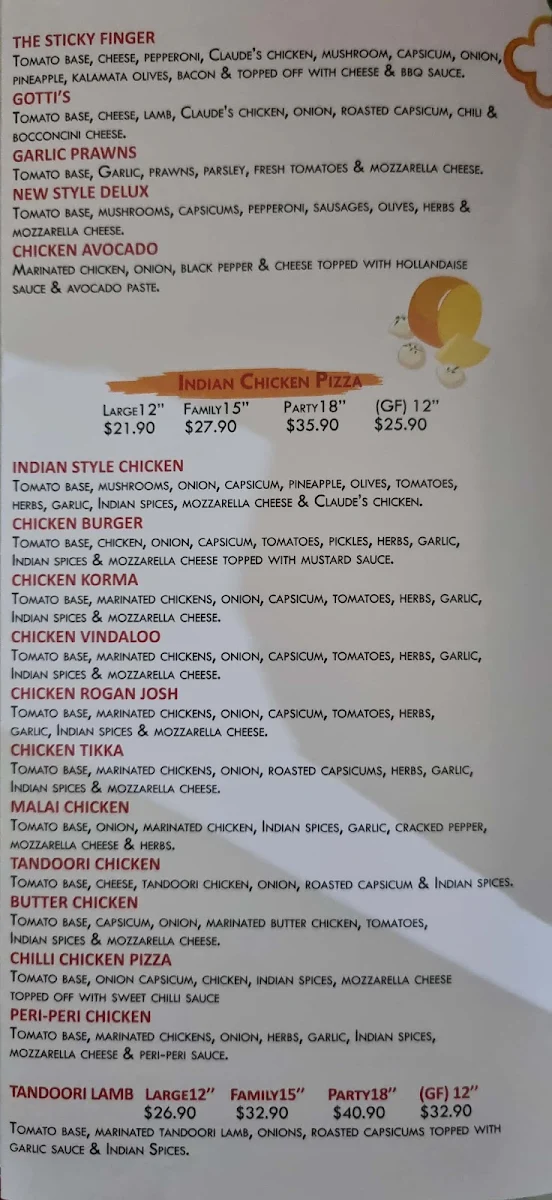 Menu, Claude's Pizza