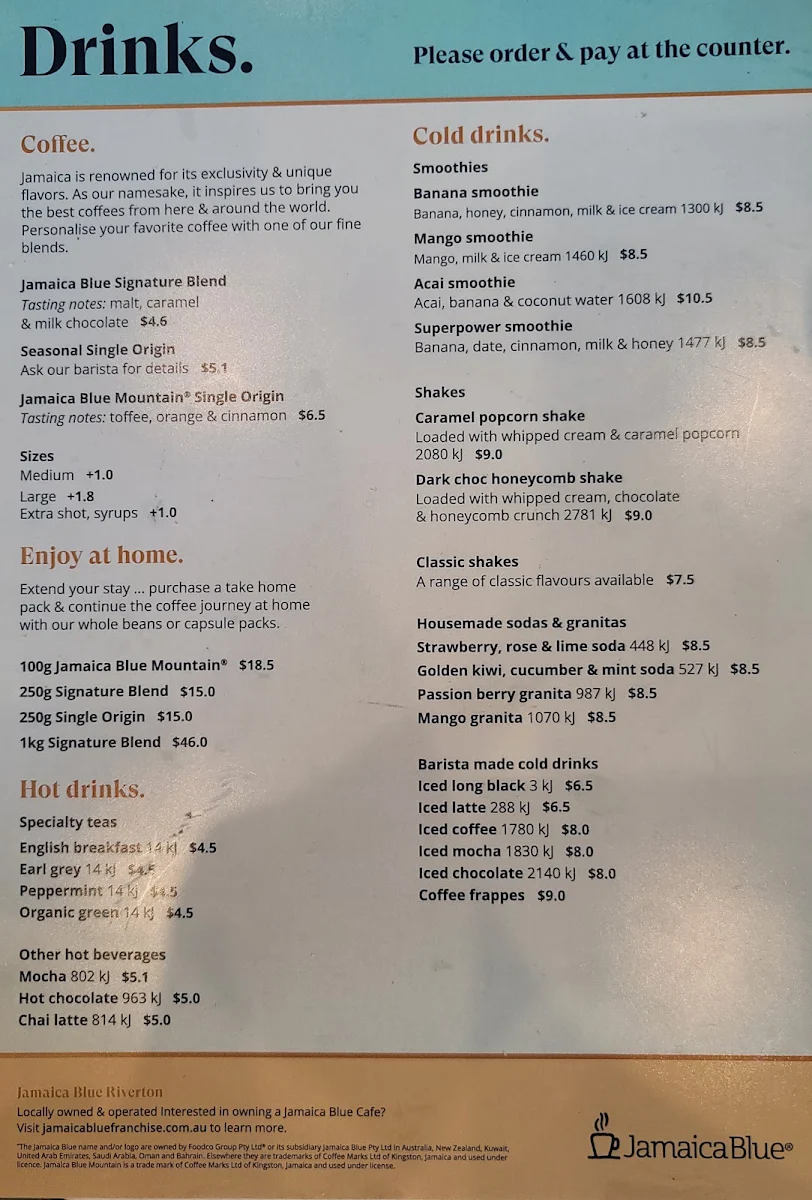 Menu, Jamaica Blue Stockland Riverton