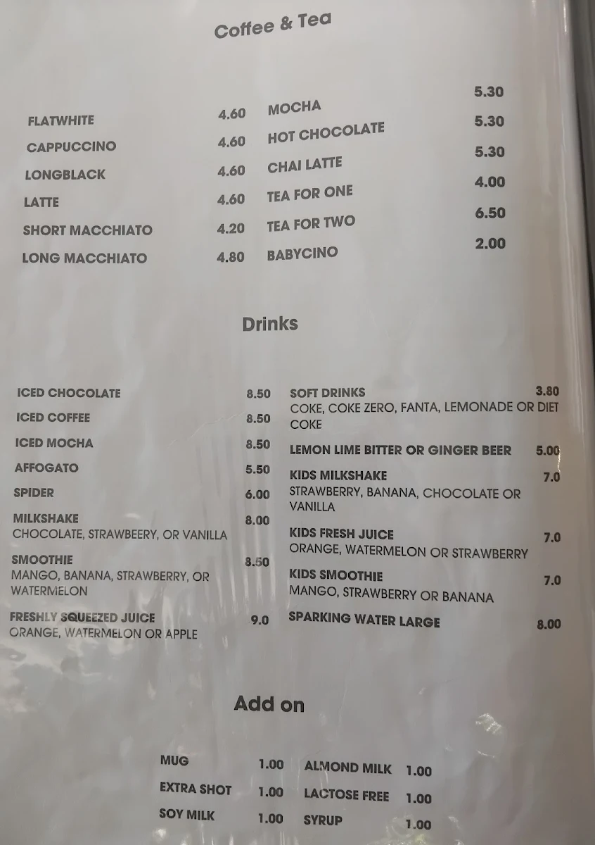 Menu, Brushfoot Cafe
