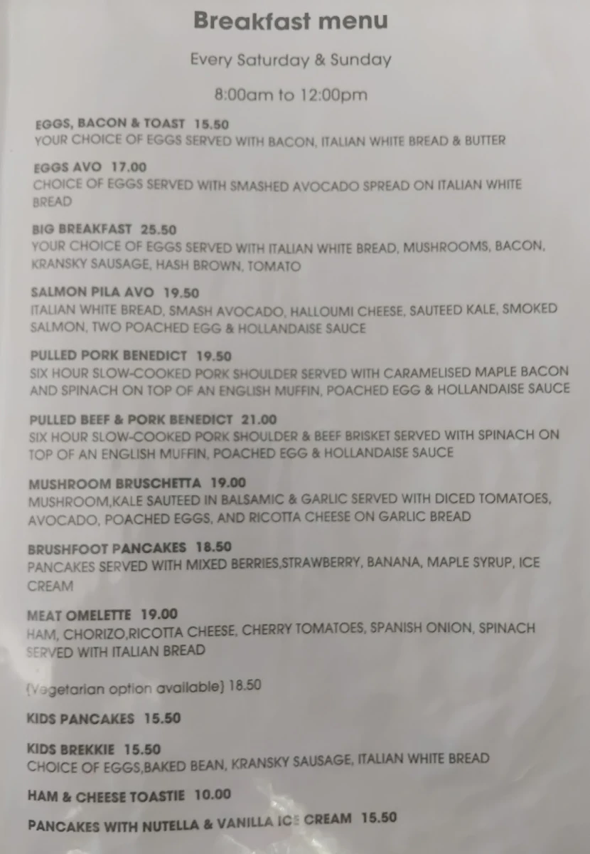 Menu, Brushfoot Cafe
