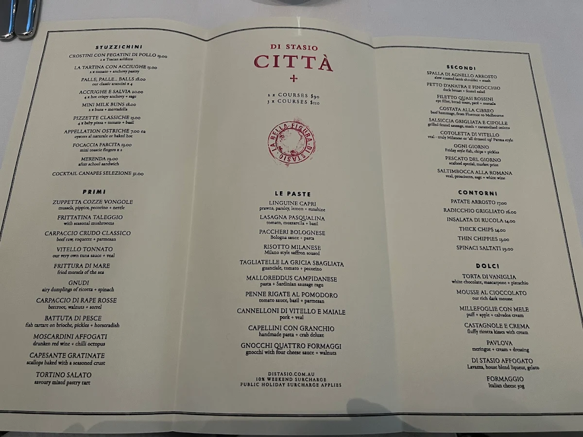 Menu, Di Stasio Citta