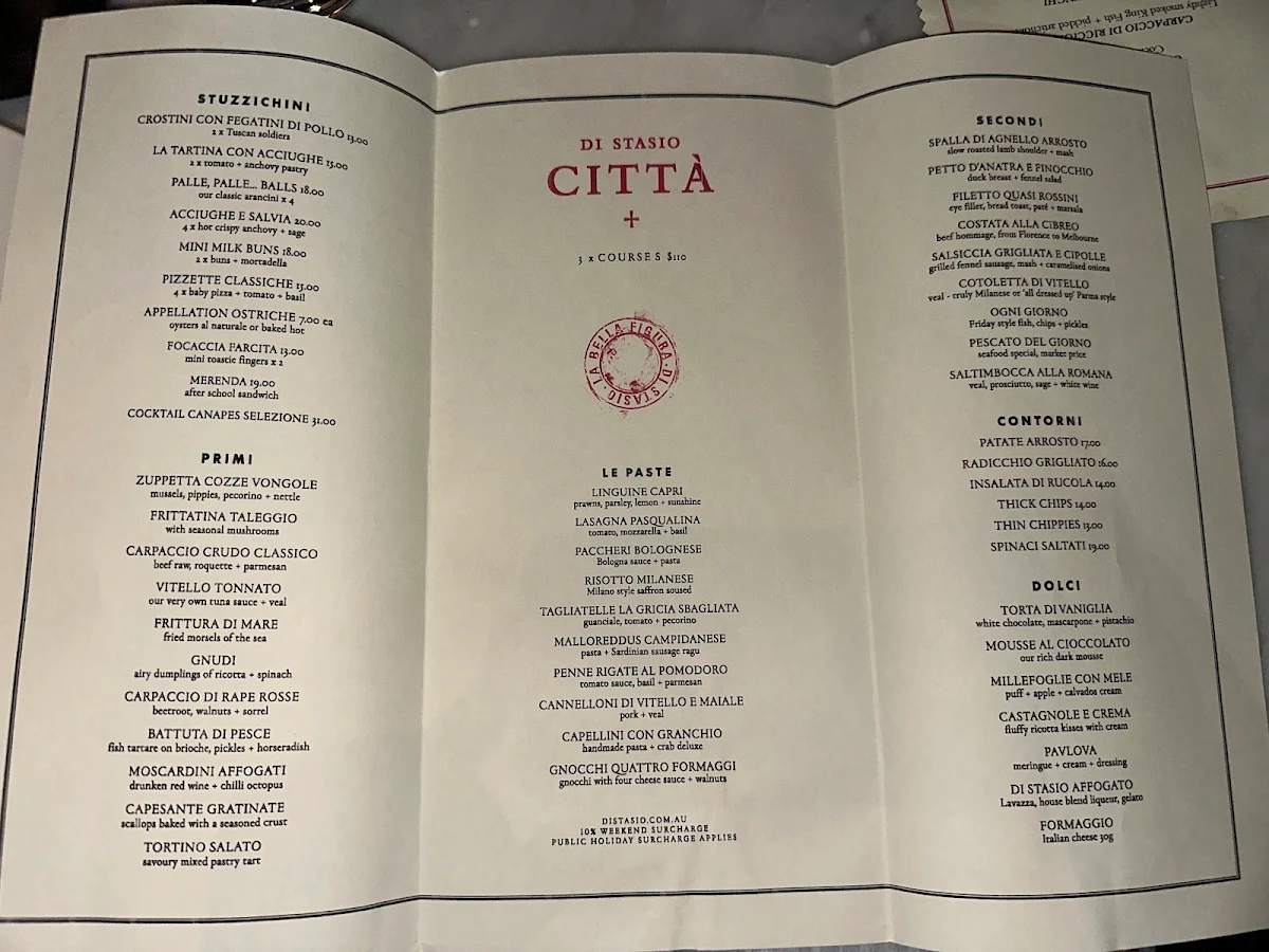 Menu, Di Stasio Citta