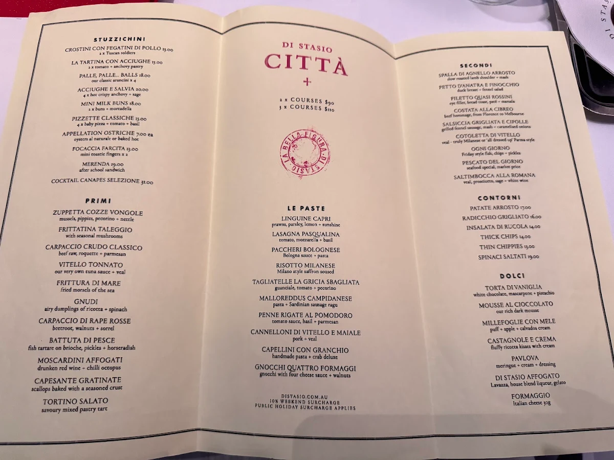 Menu, Di Stasio Citta