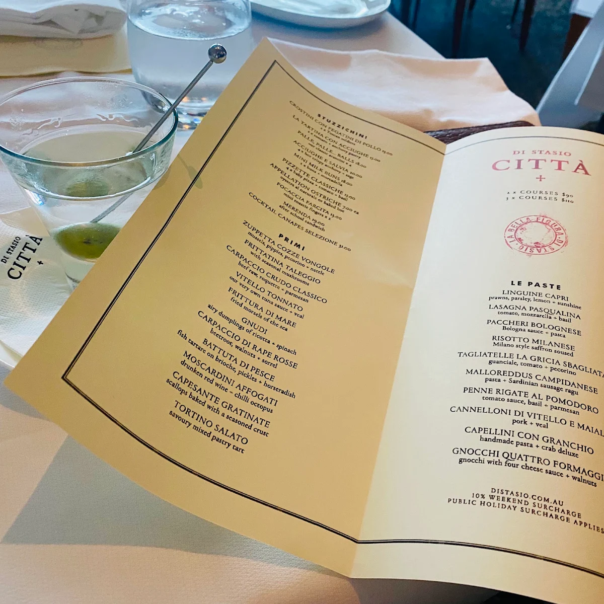 Menu, Di Stasio Citta