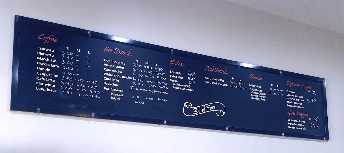 Menu, Coffee Guru Charnwood