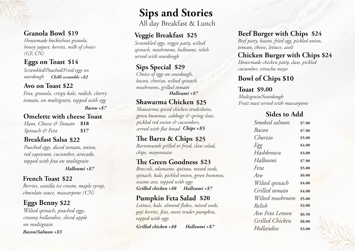 Menu, Sips and Stories