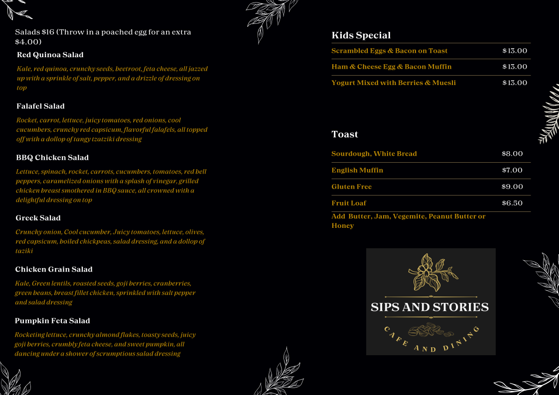 Menu, Sips and Stories