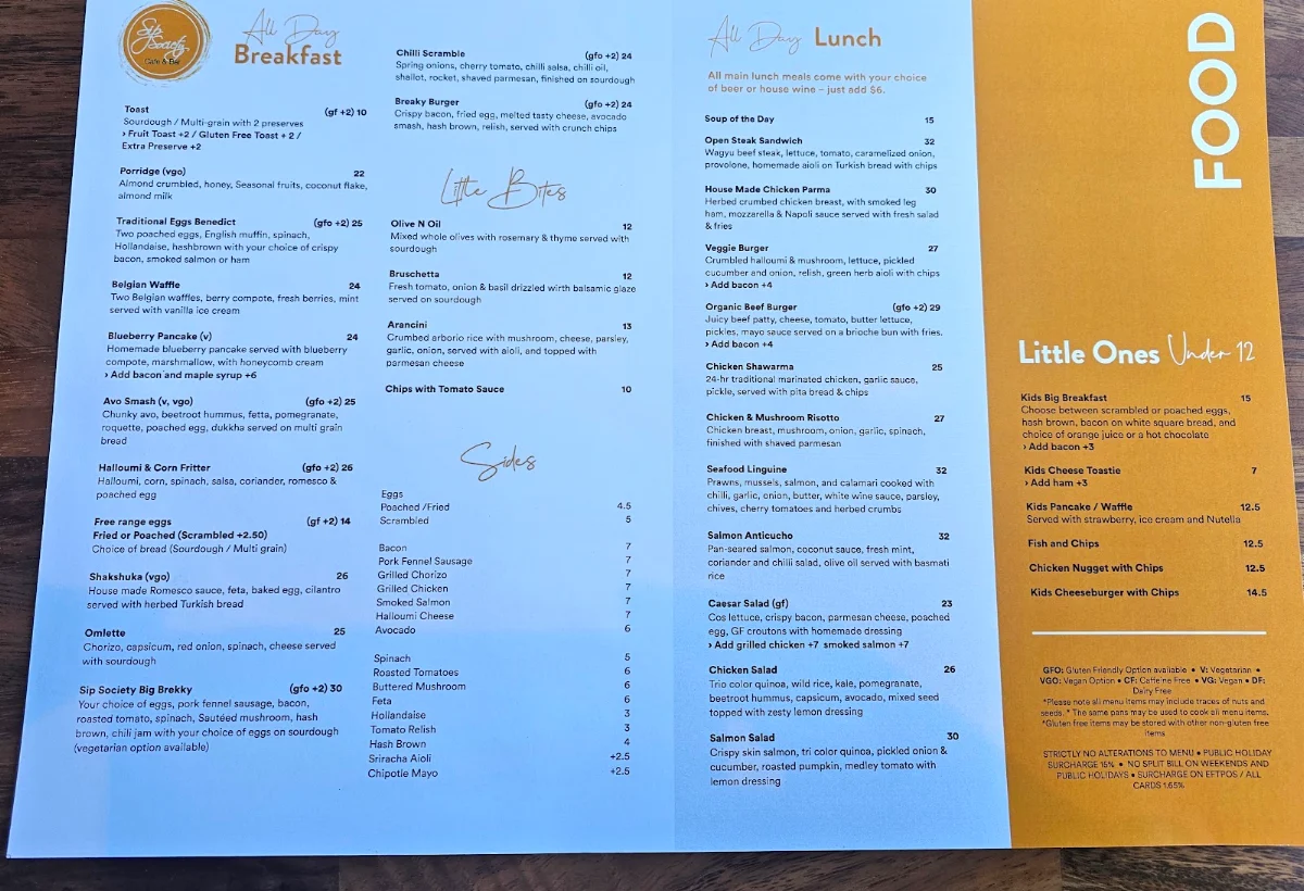 Menu, Sip Society Cafe & Bar