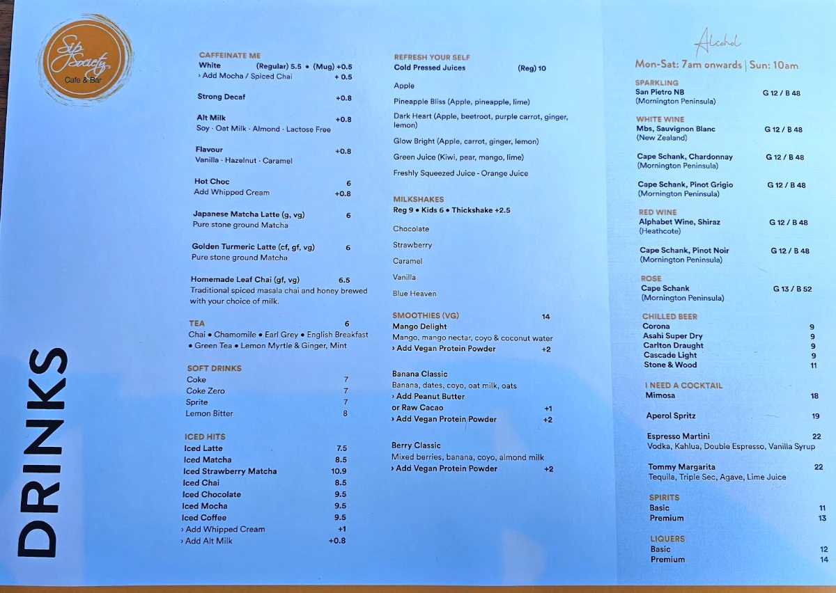 Menu, Sip Society Cafe & Bar