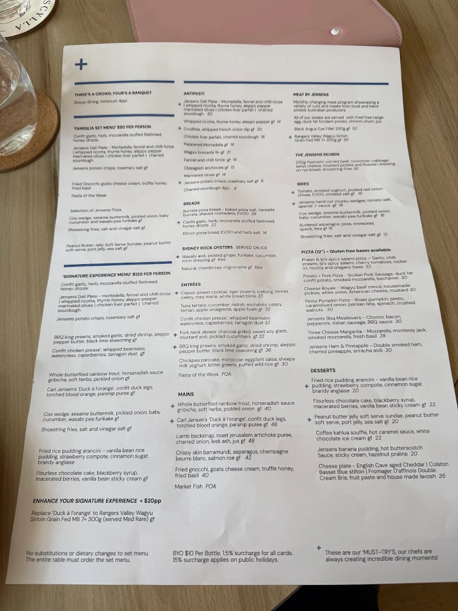 Menu, Jensens Restaurant