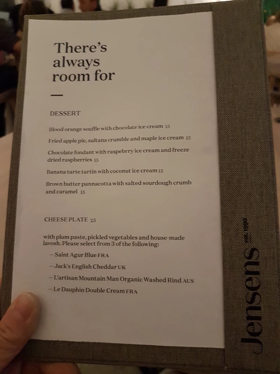 Menu, Jensens Restaurant