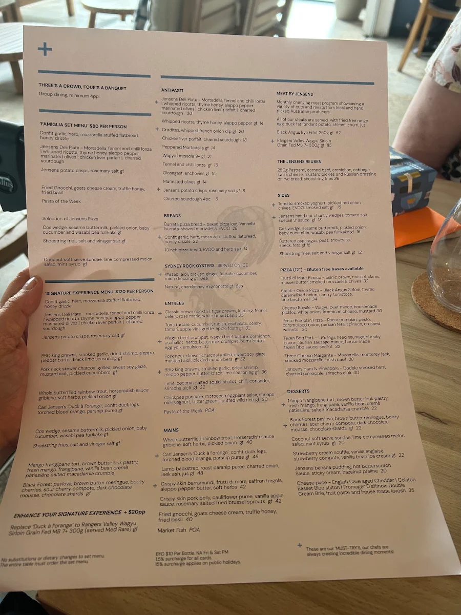Menu, Jensens Restaurant
