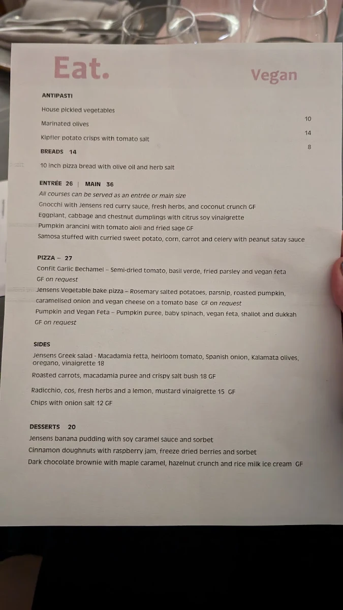 Menu, Jensens Restaurant