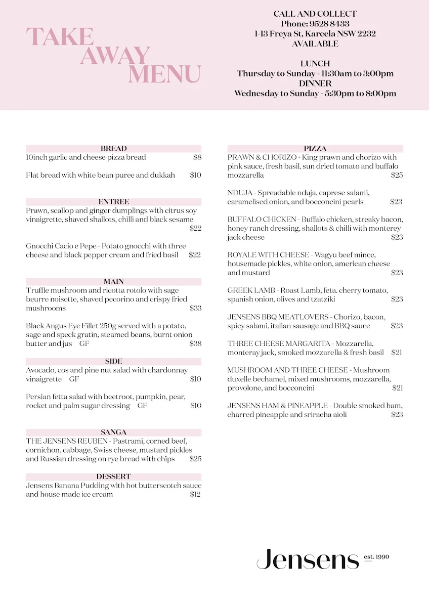 Menu, Jensens Restaurant