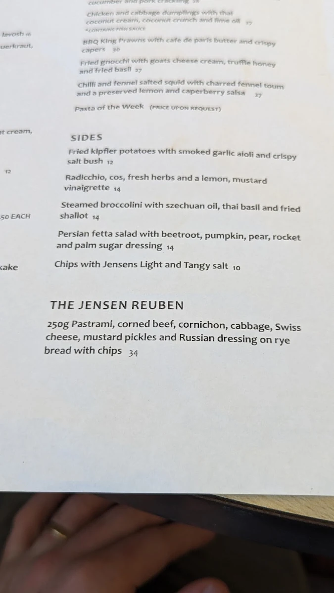 Menu, Jensens Restaurant