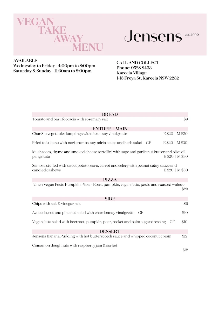 Menu, Jensens Restaurant