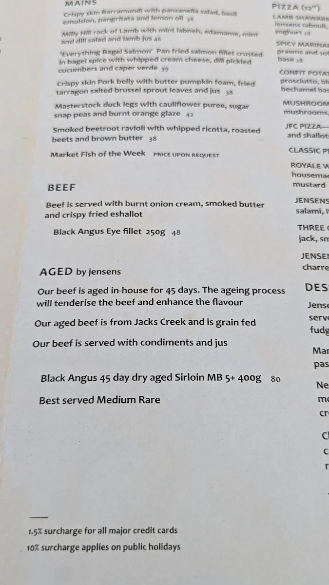 Menu, Jensens Restaurant