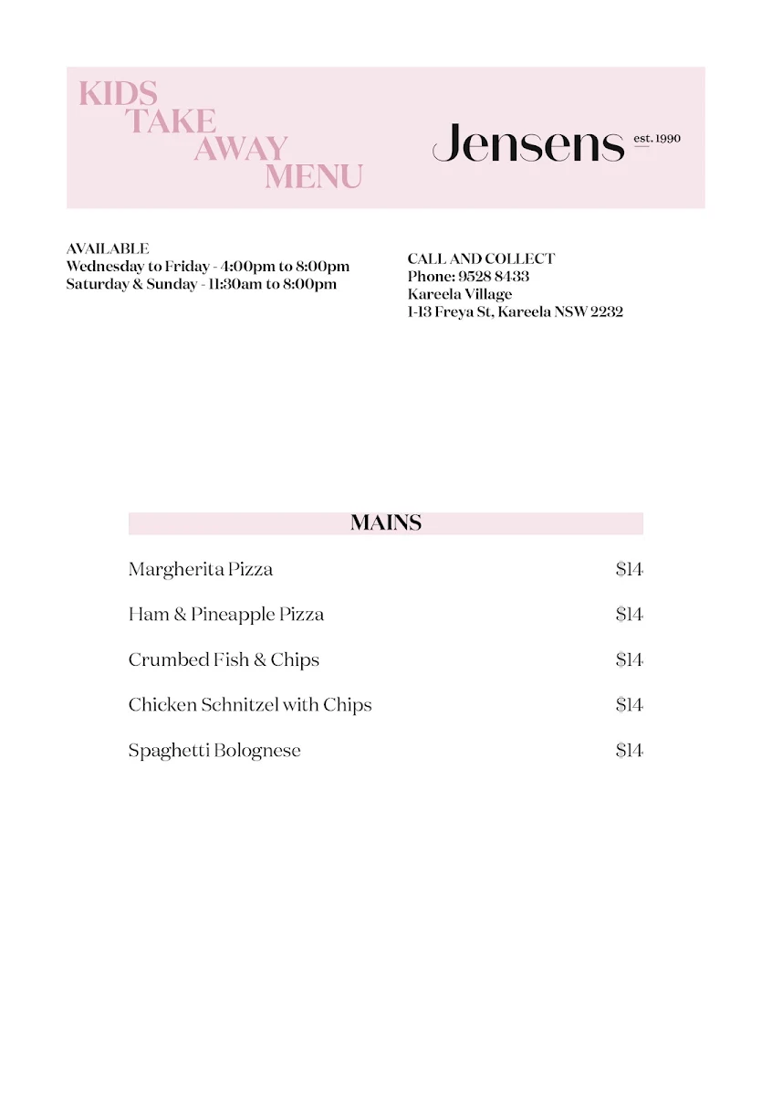 Menu, Jensens Restaurant