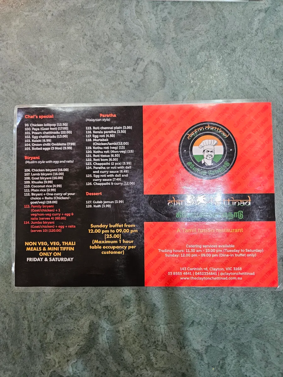 Menu, Clayton Chettinad Restaurant
