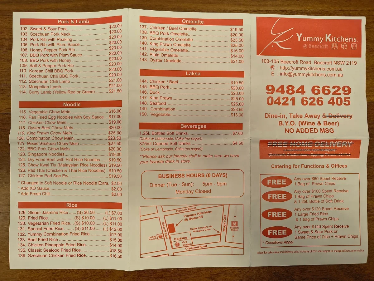 Menu, Yummy Kitchens @ Beecroft