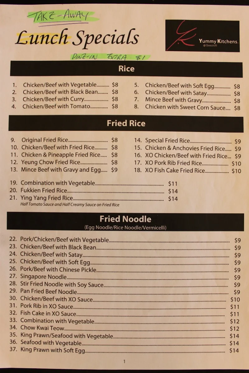 Menu, Yummy Kitchens @ Beecroft