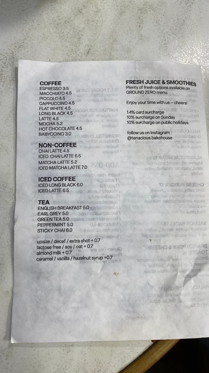 Menu, Tenacious Bakehouse