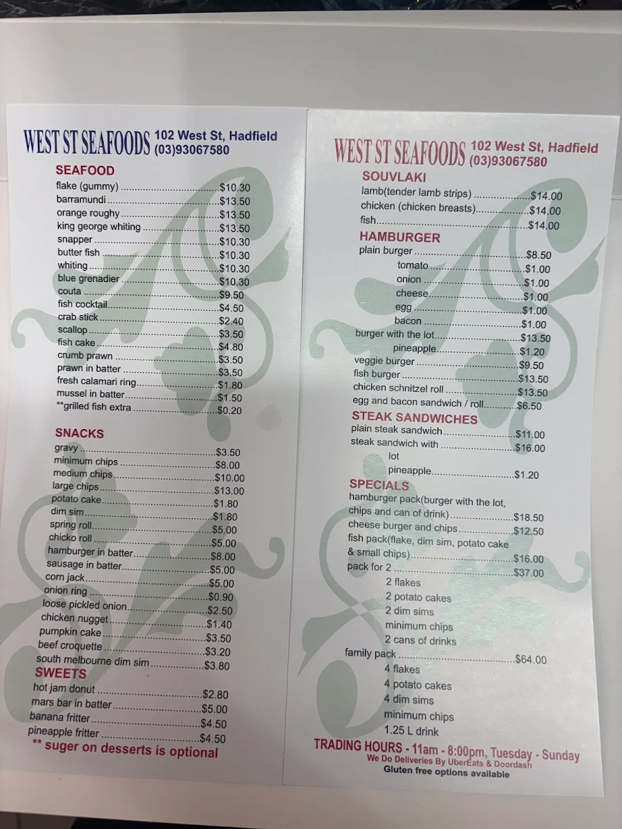 Menu, West Street Seafood