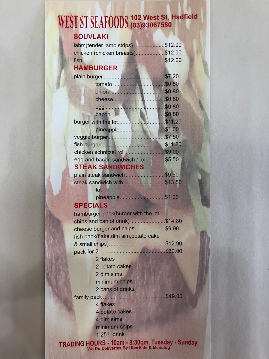 Menu, West Street Seafood