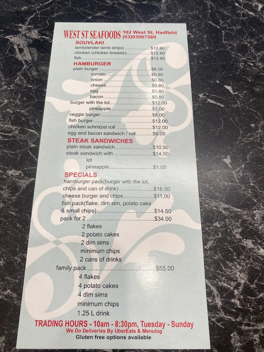 Menu, West Street Seafood