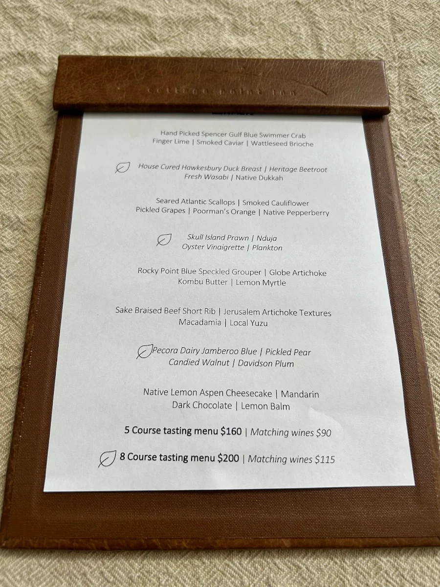 Menu, Cottage Point Inn - Restaurant