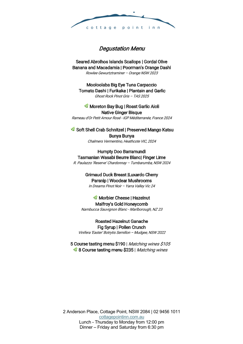 Menu, Cottage Point Inn - Restaurant