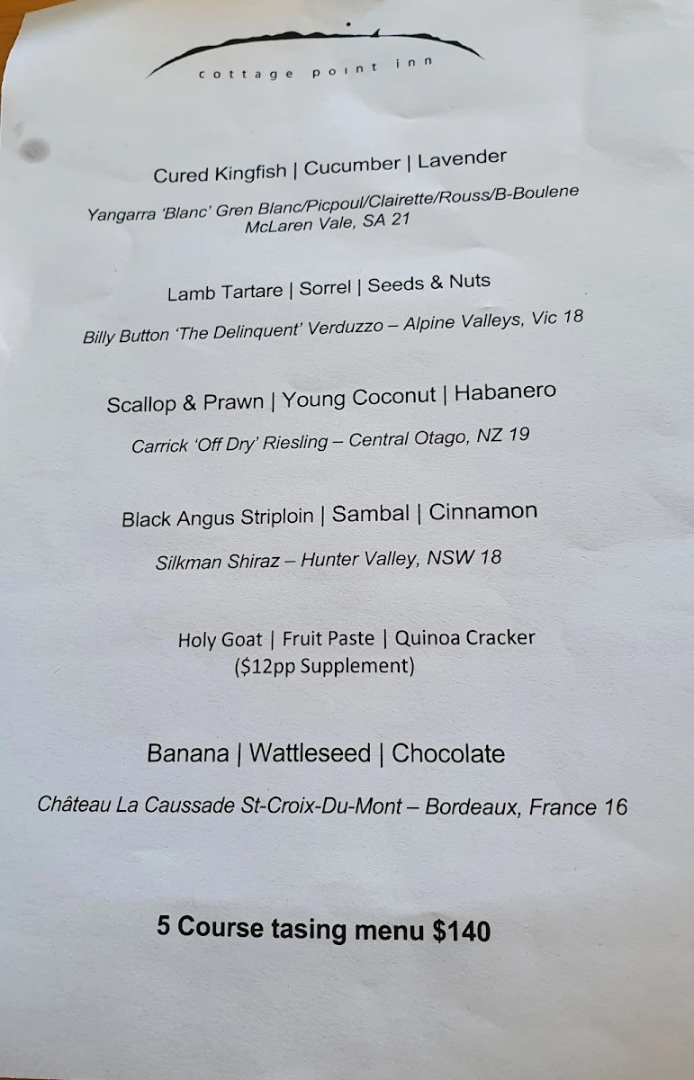 Menu, Cottage Point Inn - Restaurant