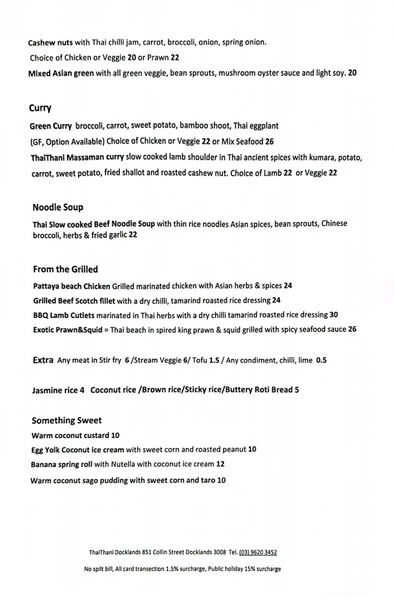 Menu, Thai Thani Docklands