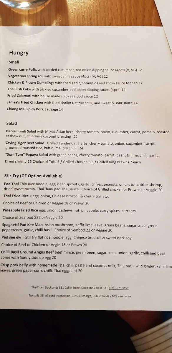 Menu, Thai Thani Docklands