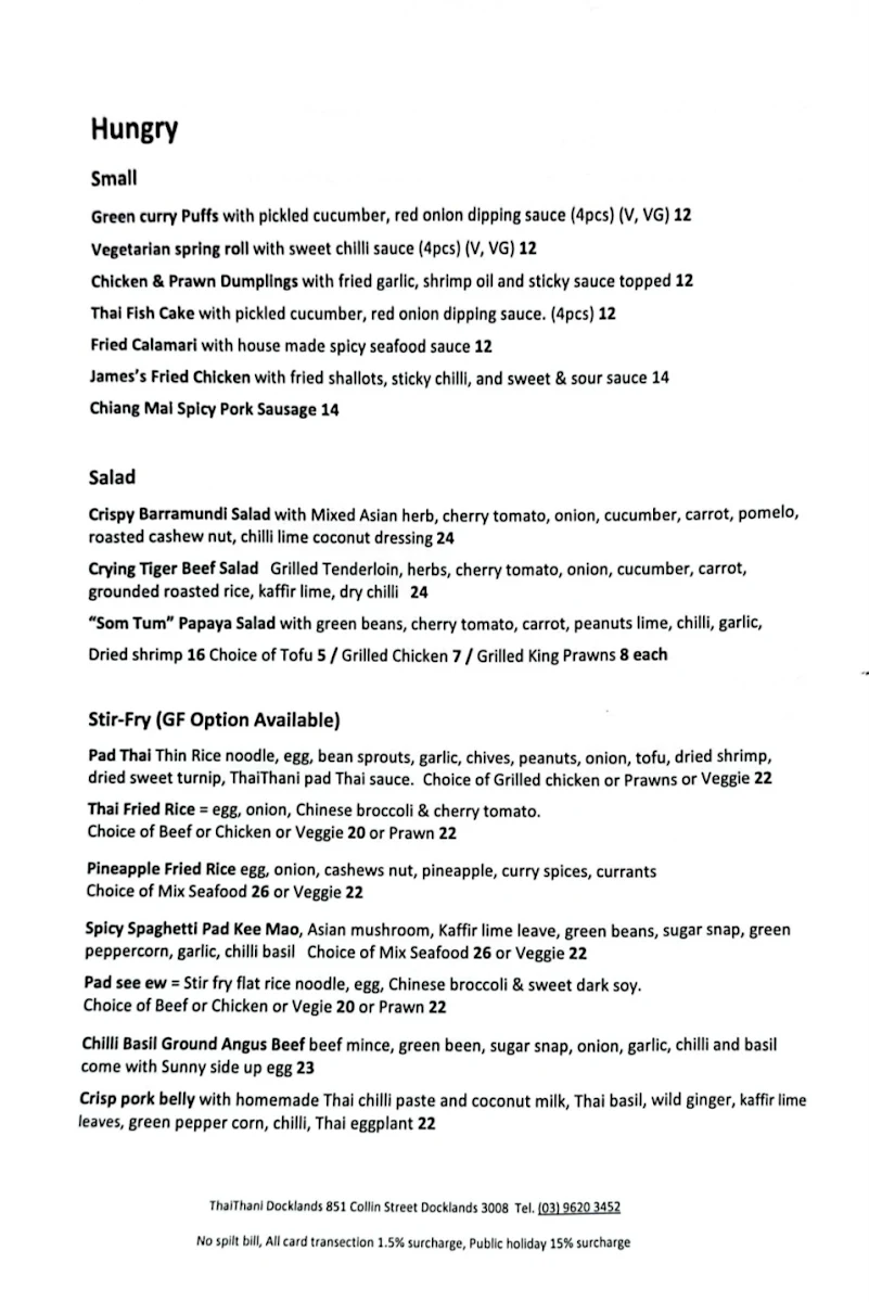 Menu, Thai Thani Docklands