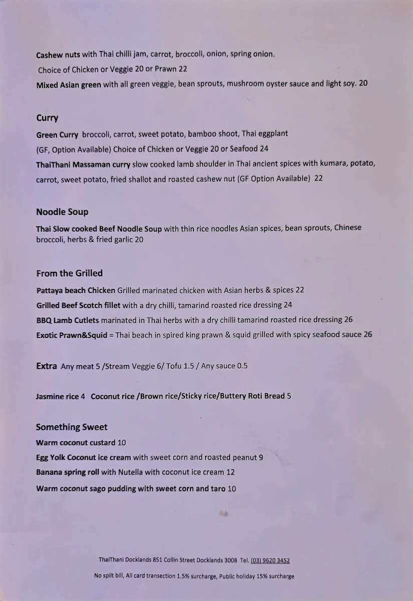 Menu, Thai Thani Docklands