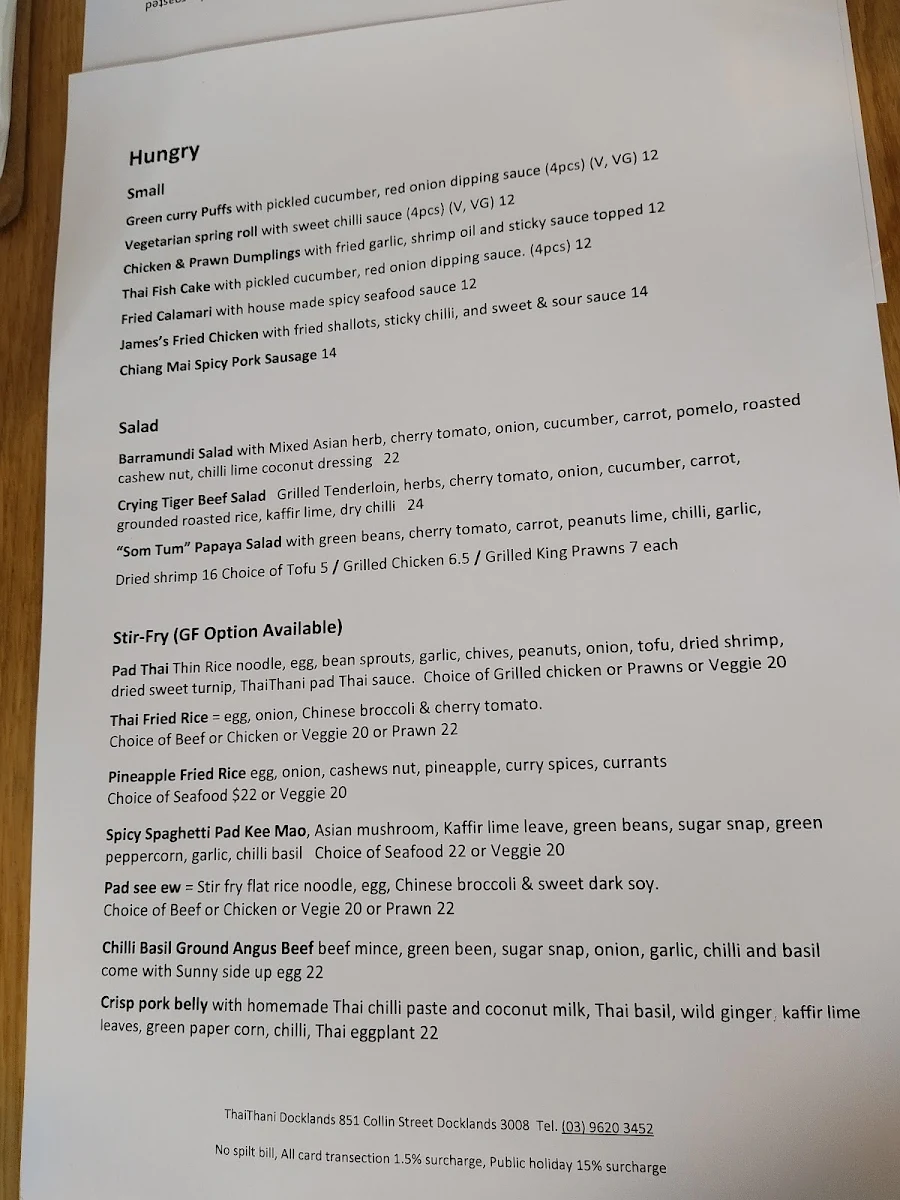 Menu, Thai Thani Docklands
