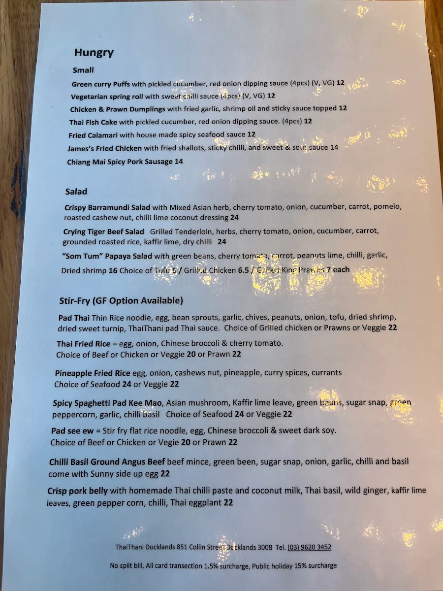 Menu, Thai Thani Docklands